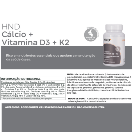Cálcio + Vitamina D3 + K2 em 60 Cápsulas HND - Image 2