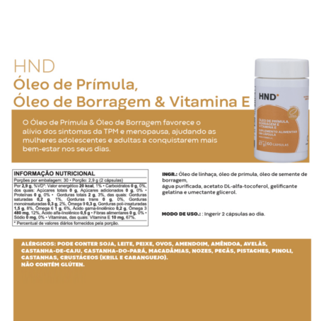 Suplemento Alimentar Óleo de Prímula, Borragem & Vitamina E 60 Cápsulas HND 2